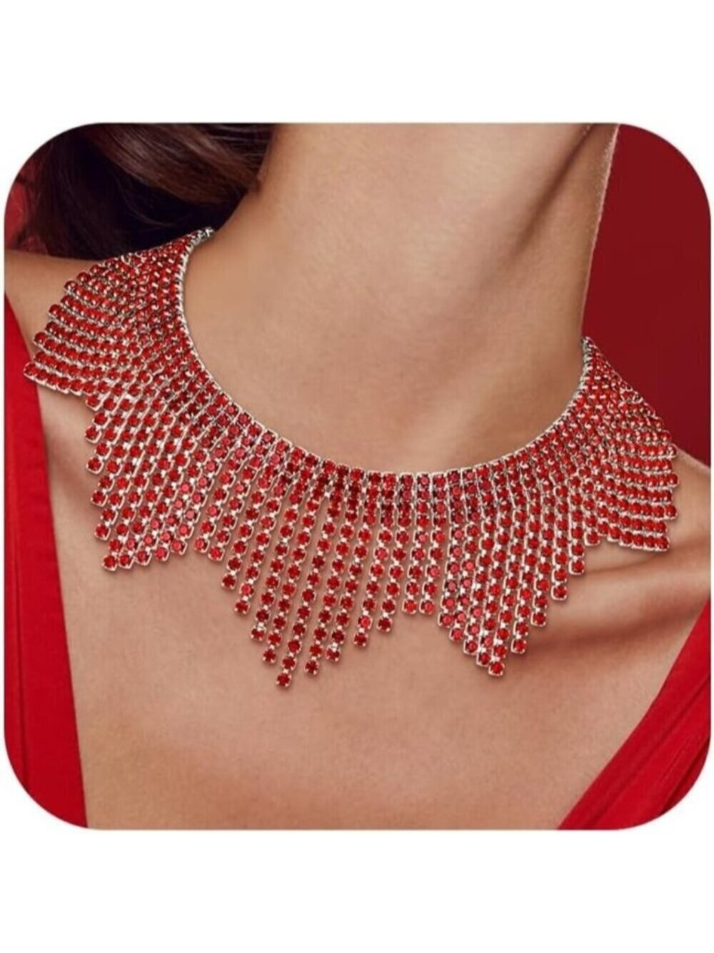 🆕 Women Red Sparkly Choker Necklace Rhinestone Crystal Tassel Chain Jewelry